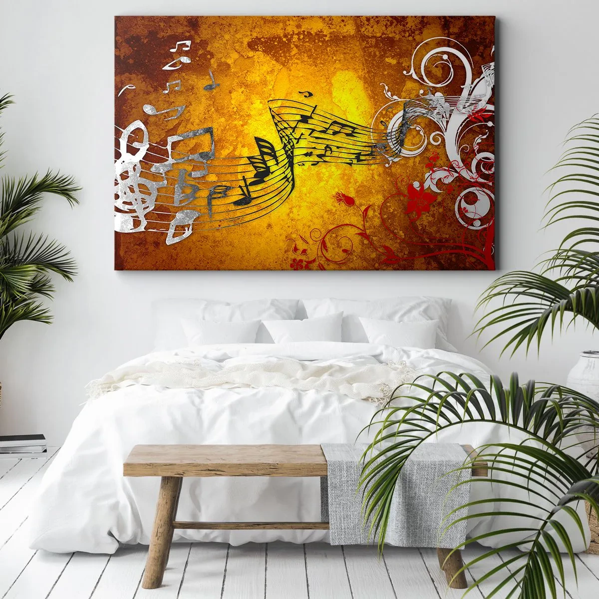 Bild auf Leinwand - Leinwandbild - Abstrakte Musiknoten auf einem bunten Hintergrund mit Ornamenten - 70x50cm - Lass die Musik fließen - Moderne Wanddekoration für Wohnzimmer und Schlafzimmer ARTTOR