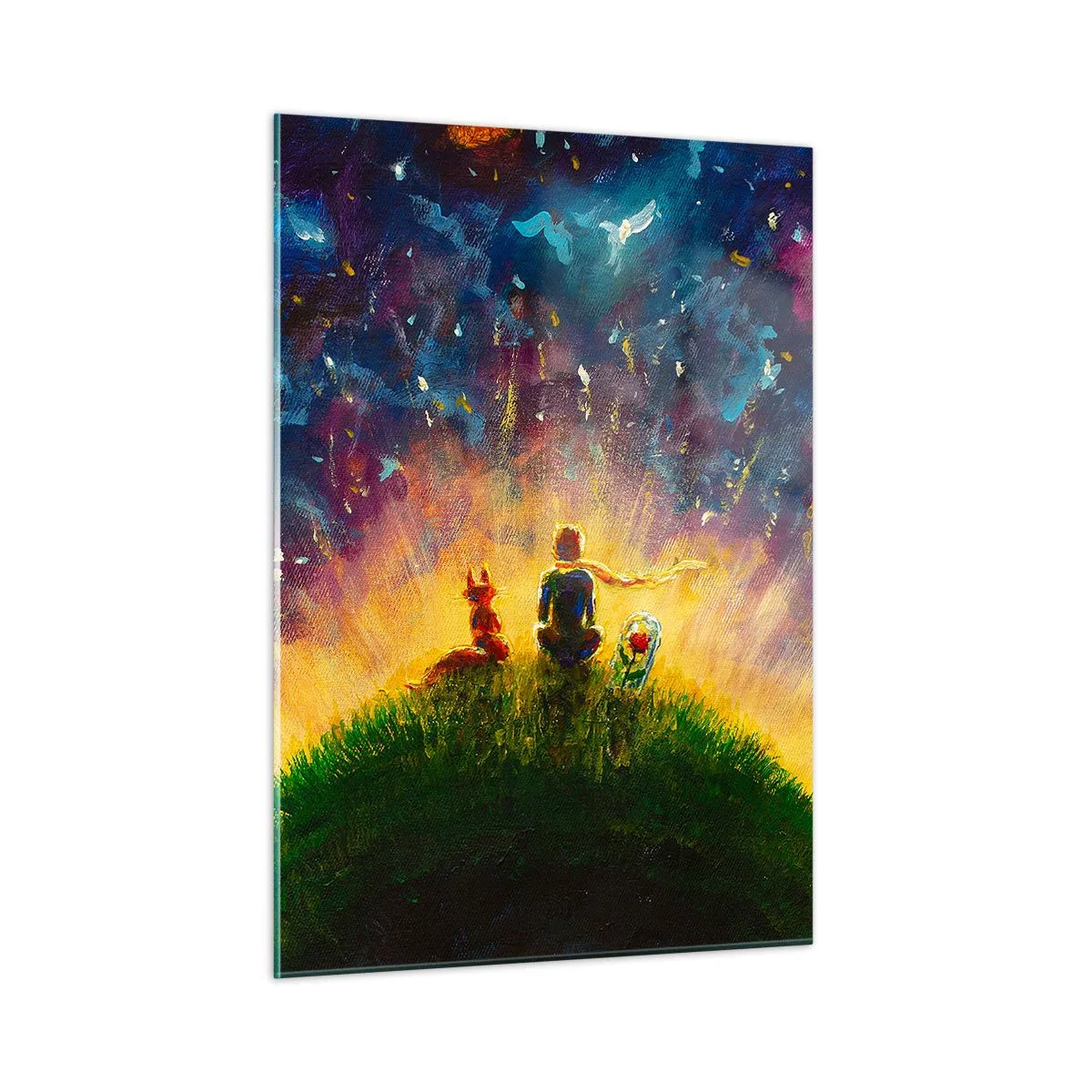 Glasbild - Bild auf glas - Eine Figur mit einem Fuchs auf einem Planeten unter einem Sternenhimmel - 50x70cm - Liebe und Freundschaft - die ganze Welt - Moderne Wanddekoration für Wohnzimmer und Schlafzimmer ARTTOR
