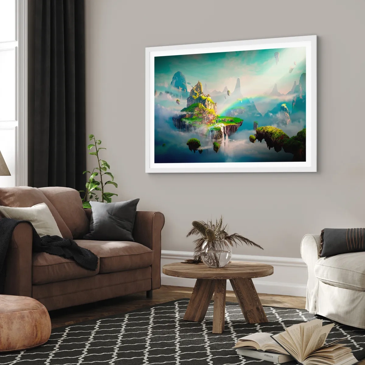 Poster in einem weißen Rahmen - Mitten am Himmel - glückliche Inseln - 70x50 cm