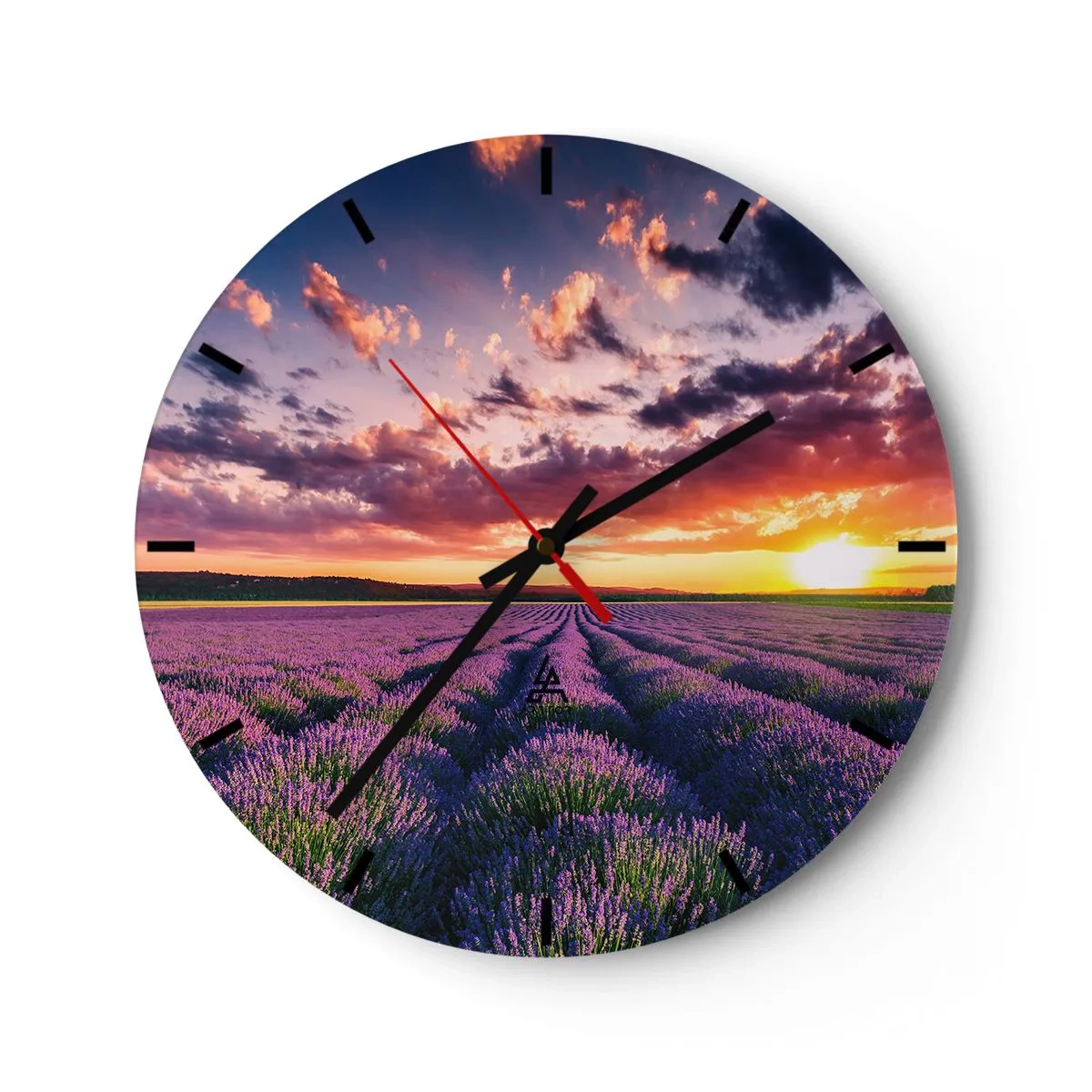 Wanduhr - Glasuhr - Ein Lavendelfeld bei Sonnenuntergang mit malerischem Himmel - 30x30cm - Lavendel Welt - Moderne Wanddekoration für Wohnzimmer, Küche und Schlafzimmer ARTTOR