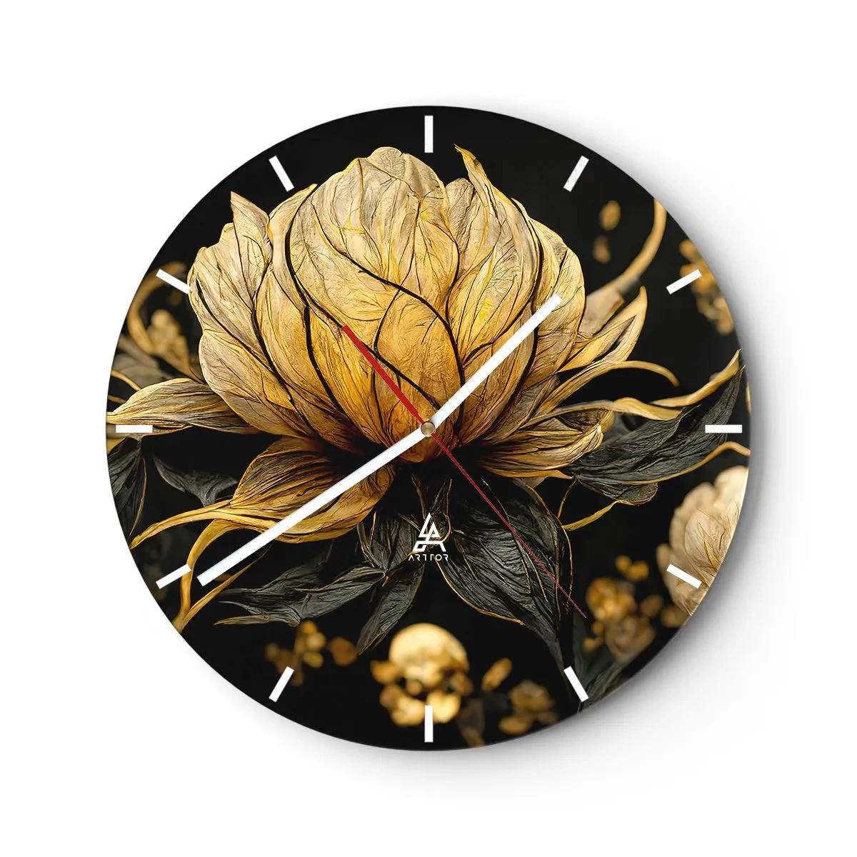 Wanduhr - Glasuhr - Gold und schwarze Blume auf dunklem Hintergrund - 30x30cm - Subtile Zerbrechlichkeit - Moderne Wanddekoration für Wohnzimmer, Küche und Schlafzimmer ARTTOR