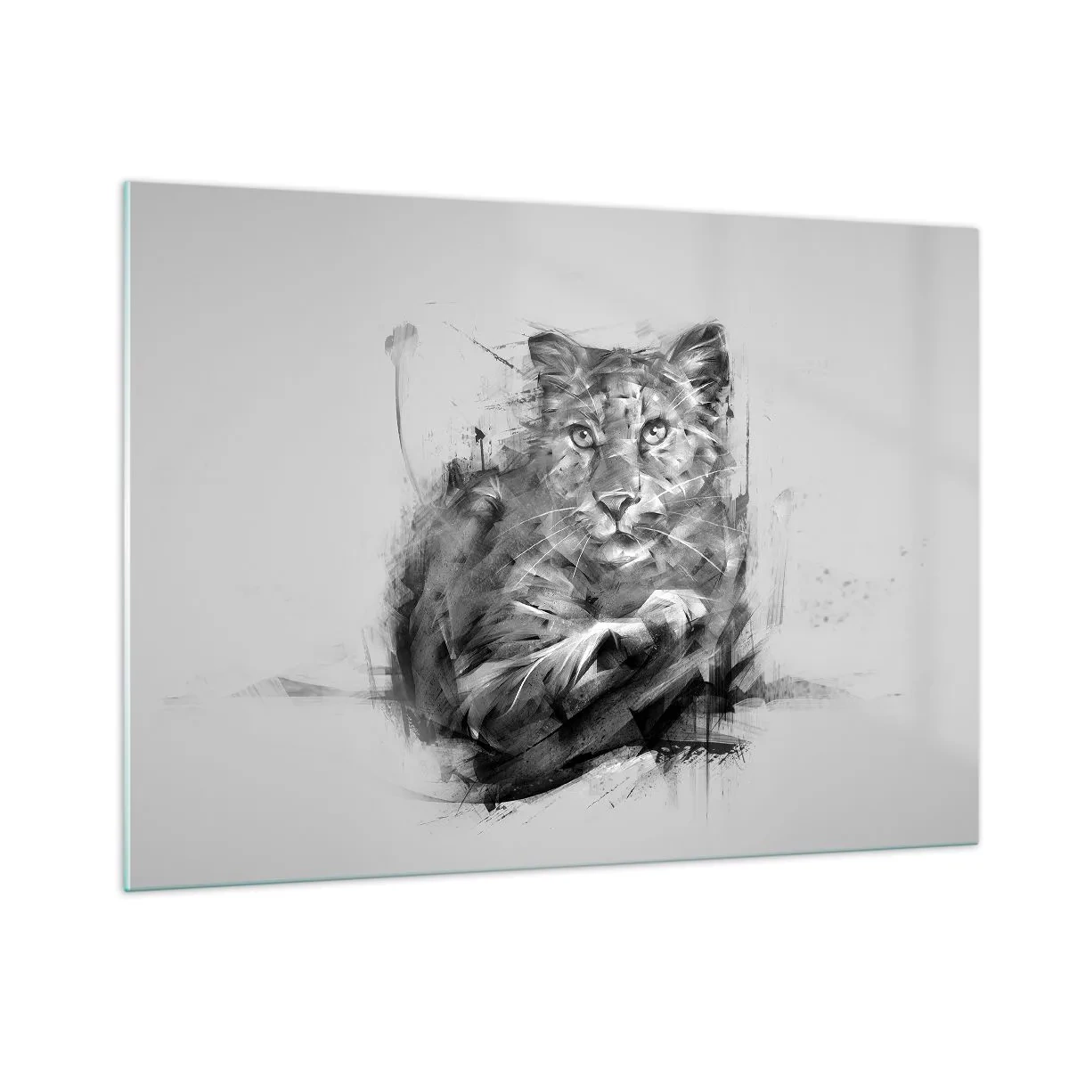Glasbild - Bild auf glas - Eine Zeichnung eines Tigers im monochromen Stil auf hellem Hintergrund - 100x70cm - Ja, ich höre aufmerksam zu - Moderne Wanddekoration für Wohnzimmer und Schlafzimmer ARTTOR