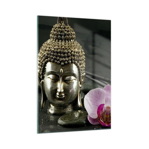 Glasbild - Bild auf glas - Buddhistischer Kopf mit einer rosa Blume auf einem Hintergrund aus Steinen - 50x70cm - Harmonie von Weisheit und Schönheit - Moderne Wanddekoration für Wohnzimmer und Schlafzimmer ARTTOR