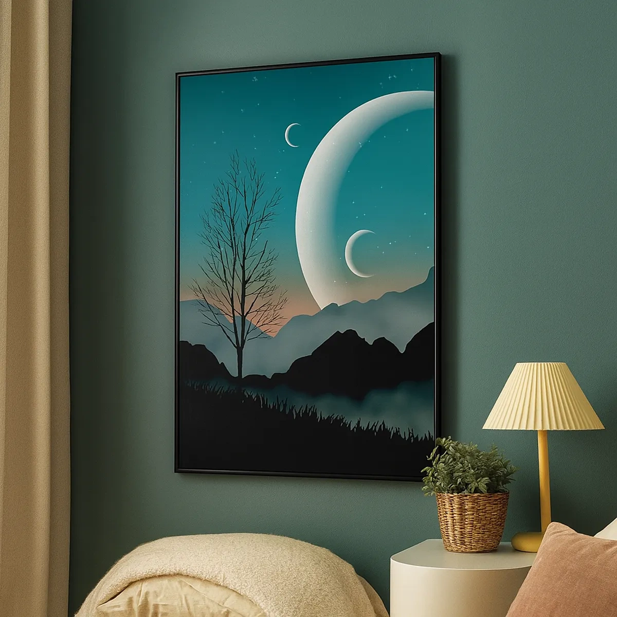 Bild auf Leinwand - Leinwandbild - Neblige Berge mit dem Mond und einem einsamen Baum - 50x70cm - Karneval in der Sternenacht - Moderne Wanddekoration für Wohnzimmer und Schlafzimmer ARTTOR