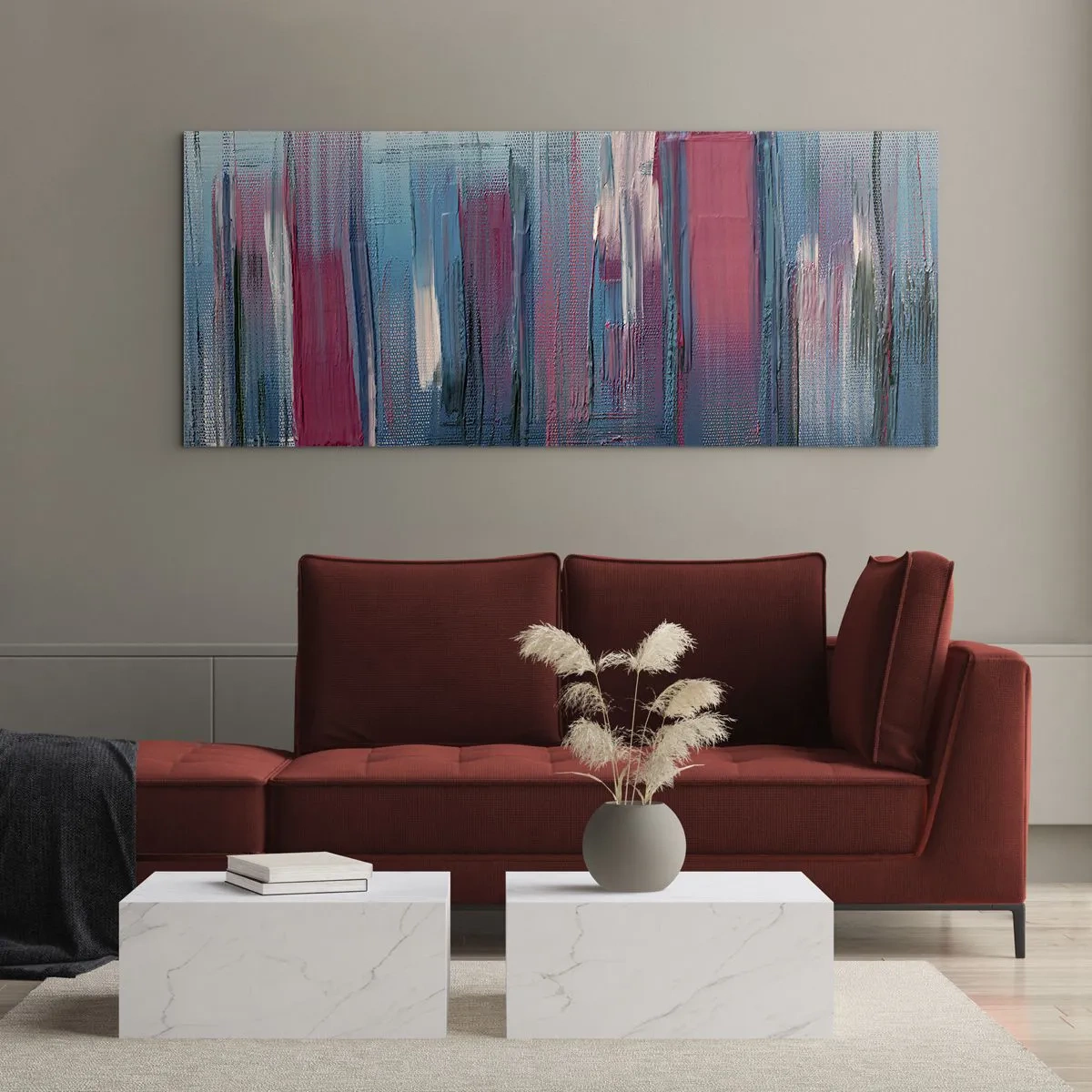 Glasbild - Bild auf glas - Vertikale Komposition in Blau und Rot - 100x40 cm