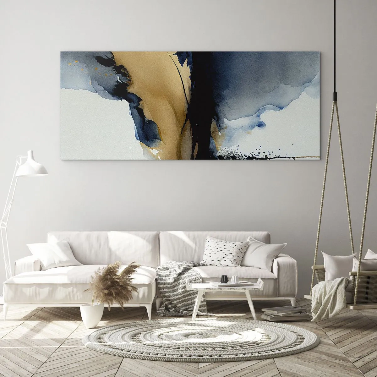 Glasbild - Bild auf glas - Eine abstrakte Komposition in Marineblau- und Goldtönen - 140x50cm - Hinter dem Vorhang - Moderne Wanddekoration für Wohnzimmer und Schlafzimmer ARTTOR
