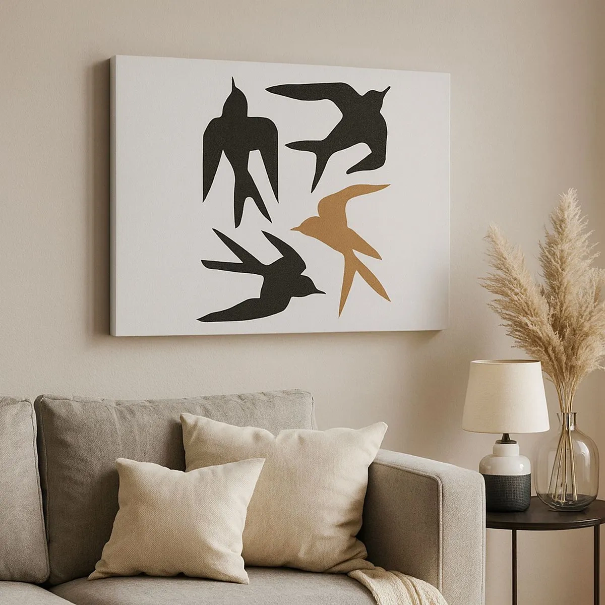 Bild auf Leinwand - Leinwandbild - Silhouetten von Schwalben in Schwarz und Gold - 70x50cm - Schwalbenspaß - Moderne Wanddekoration für Wohnzimmer und Schlafzimmer ARTTOR