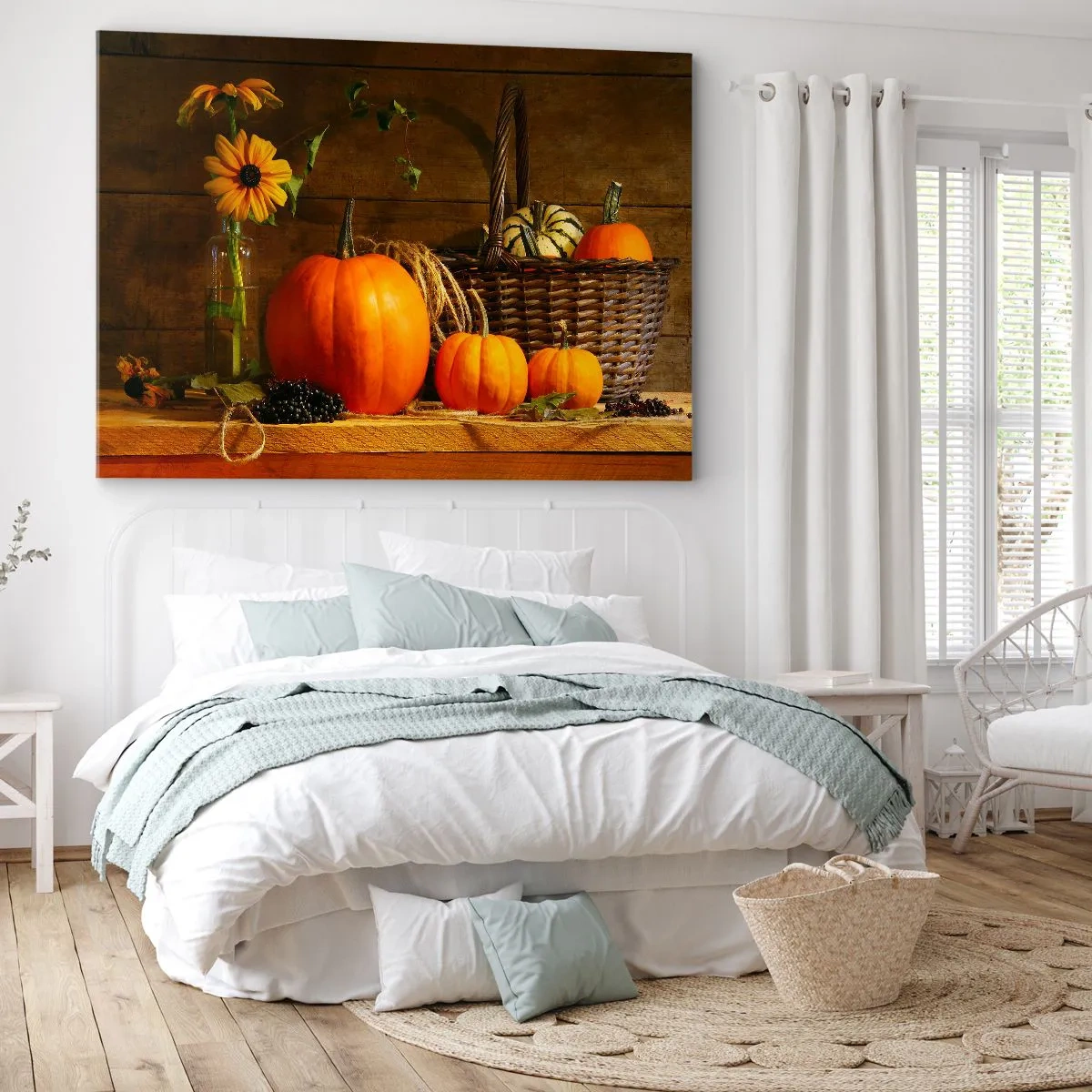 Bild auf Leinwand - Leinwandbild - Herbstkomposition mit Kürbissen und Blumen auf Holzhintergrund - 120x80cm - Eine rustikale Komposition - Geschenke des Herbstes - Moderne Wanddekoration für Wohnzimmer und Schlafzimmer ARTTOR