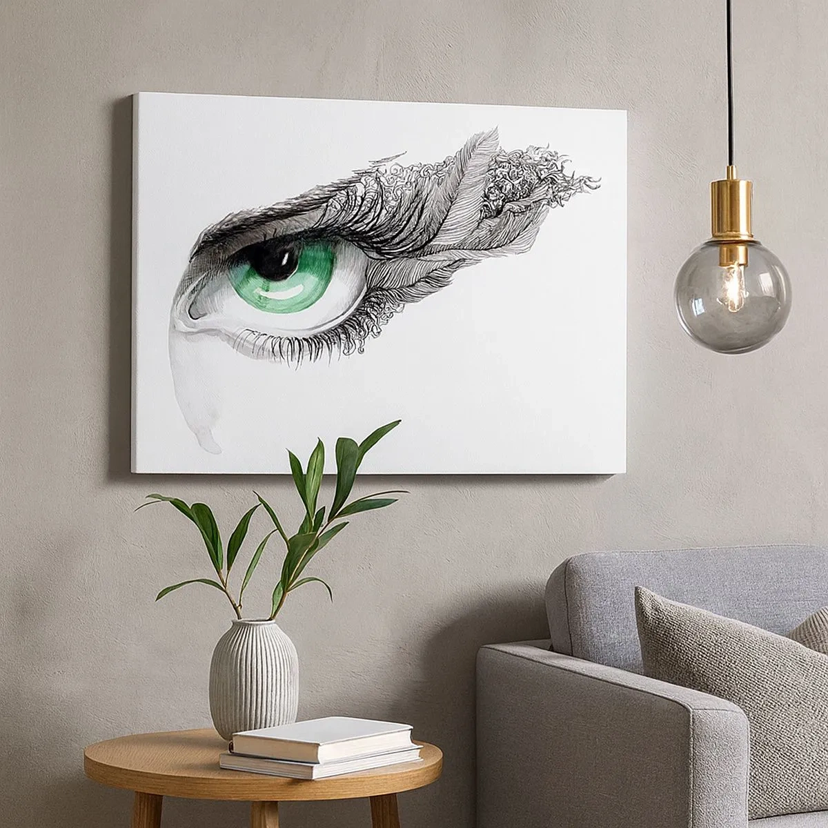 Bild auf Leinwand - Leinwandbild - Künstlerisches Auge mit grüner Iris und Zeichnungsdetails - 70x50cm - Schön und bereit zum Angriff - Moderne Wanddekoration für Wohnzimmer und Schlafzimmer ARTTOR