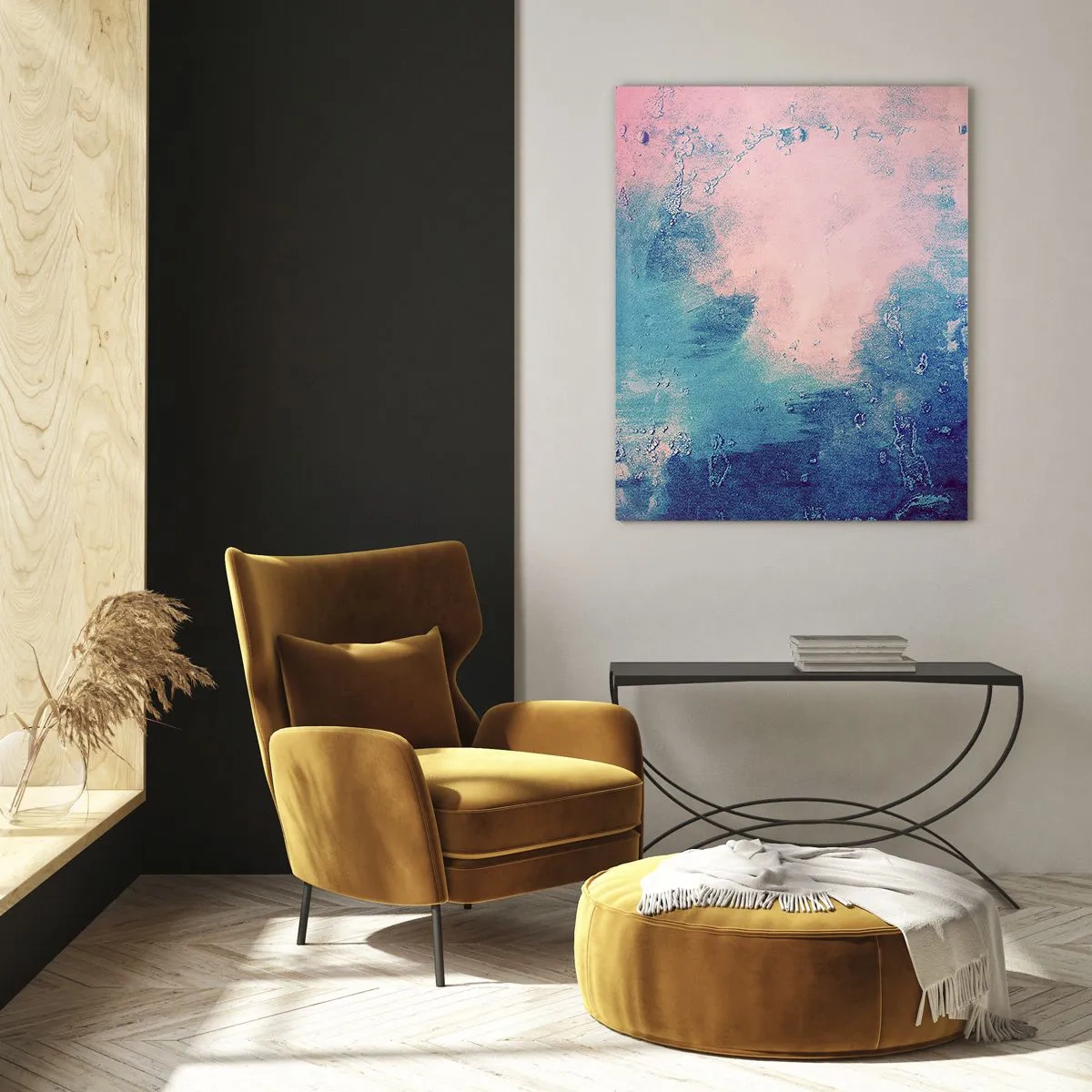 Glasbild - Bild auf glas - Abstrakte Textur in Rosa- und Blautönen - 80x120cm - Himmelsblaue Umarmungen - Moderne Wanddekoration für Wohnzimmer und Schlafzimmer ARTTOR