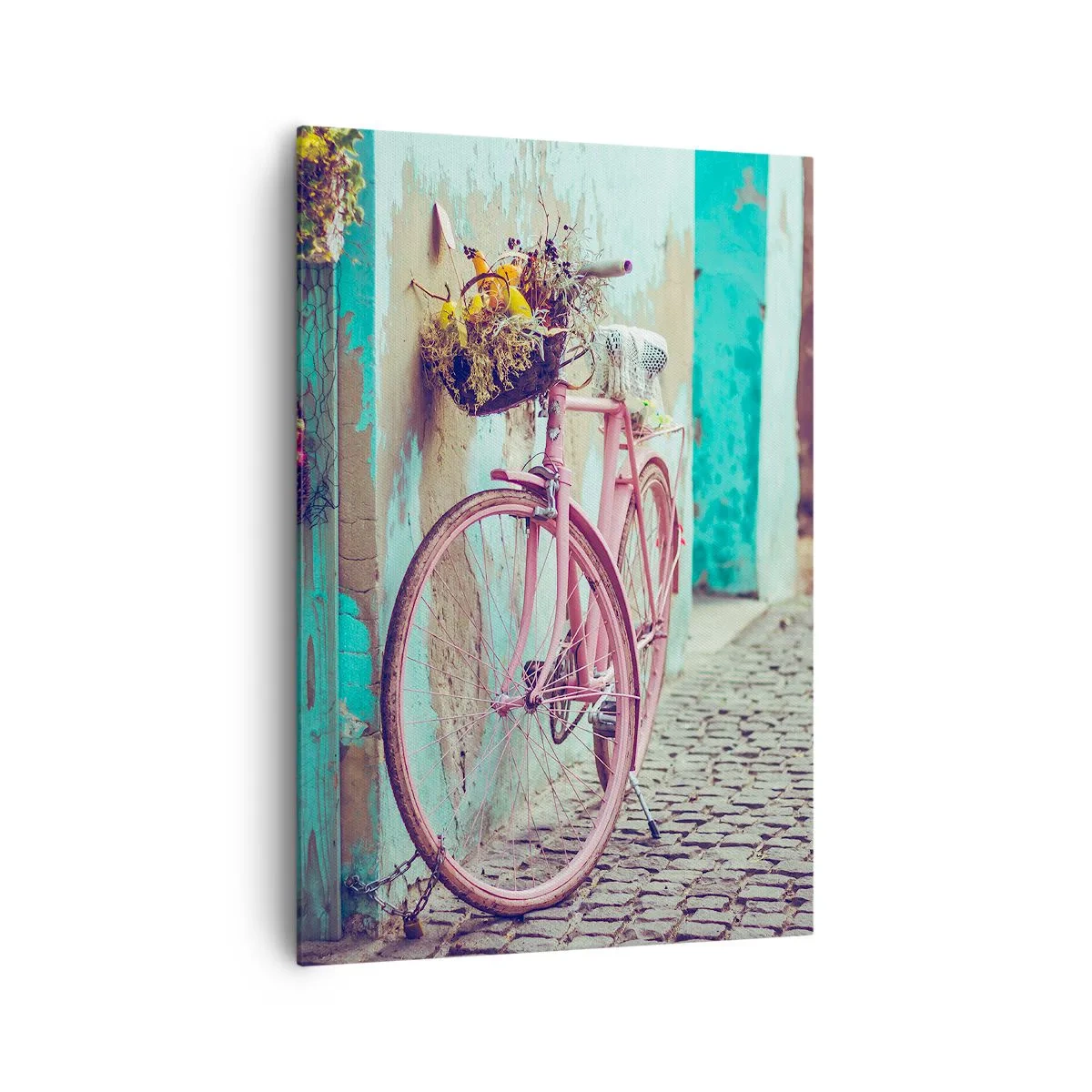 Bild auf Leinwand - Leinwandbild - Ein rosa Fahrrad neben einer türkisfarbenen Tür - 70x100cm - Ich komme gleich wieder - Moderne Wanddekoration für Wohnzimmer und Schlafzimmer ARTTOR