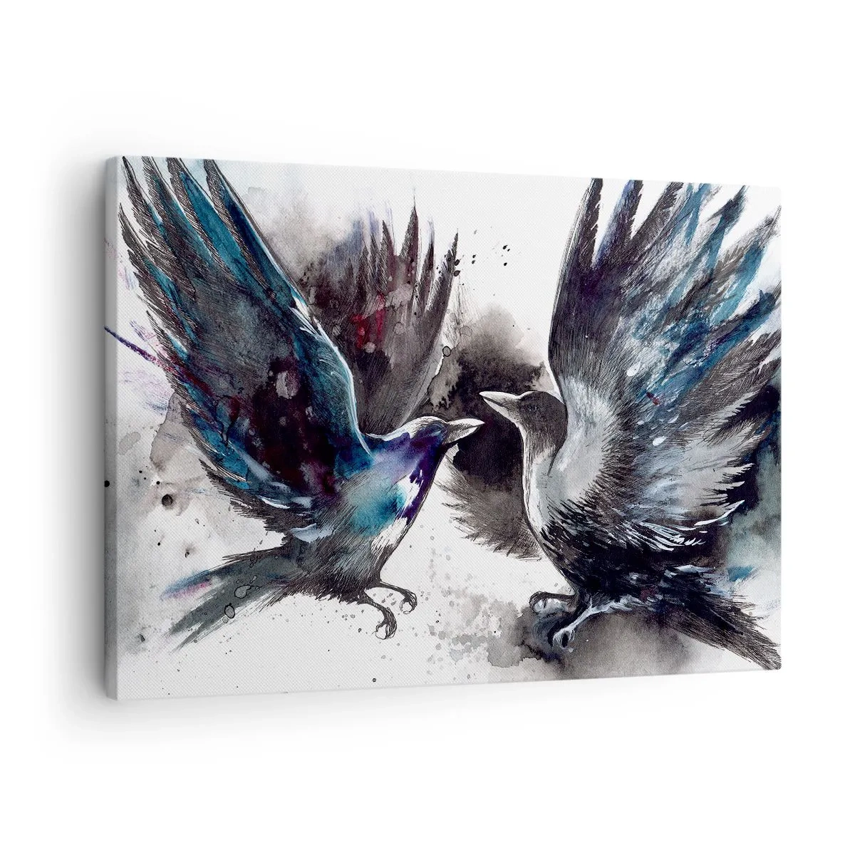 Bild auf Leinwand - Leinwandbild - Künstlerische Raben in einer dynamischen Aquarellkomposition - 70x50cm - Rabe zum Raben ... - Moderne Wanddekoration für Wohnzimmer und Schlafzimmer ARTTOR