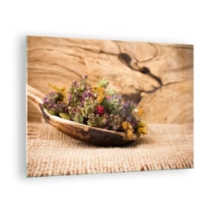 Glasbild - Bild auf glas - Getrocknete Kräuter in einem Holzlöffel auf rustikalem Hintergrund - 70x50cm - Bunte Blumen und duftende Kräuter - Moderne Wanddekoration für Wohnzimmer und Schlafzimmer ARTTOR