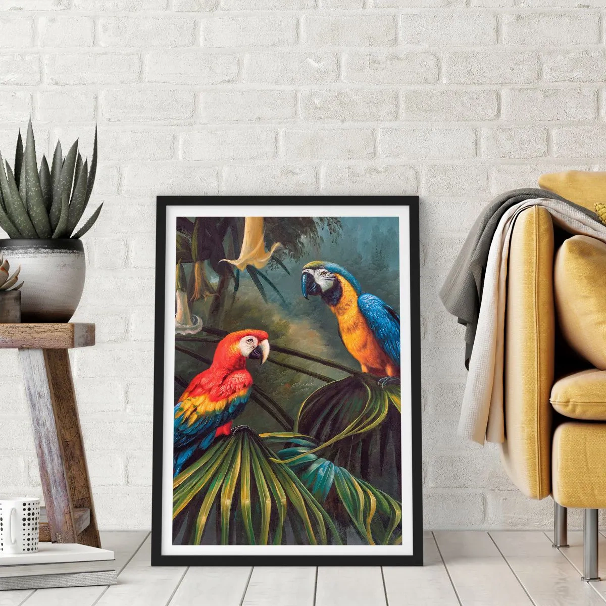 Poster in einem schwarzem Rahmen - Tropische Papageien umgeben von üppiger Vegetation - 50x70cm - Romantik in den Tropen - Moderne Wanddekoration für Wohnzimmer und Schlafzimmer ARTTOR