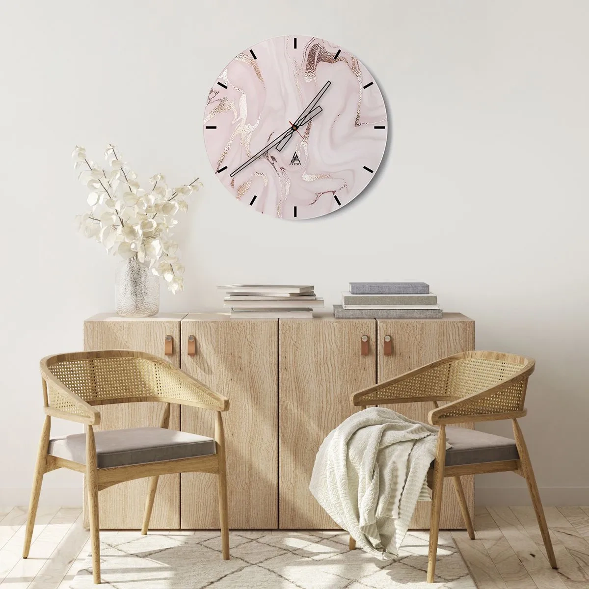 Wanduhr - Glasuhr - Hellrosa Marmorhintergrund mit funkelnden goldenen Adern - 30x30cm - In einem rosa Schal - Moderne Wanddekoration für Wohnzimmer, Küche und Schlafzimmer ARTTOR