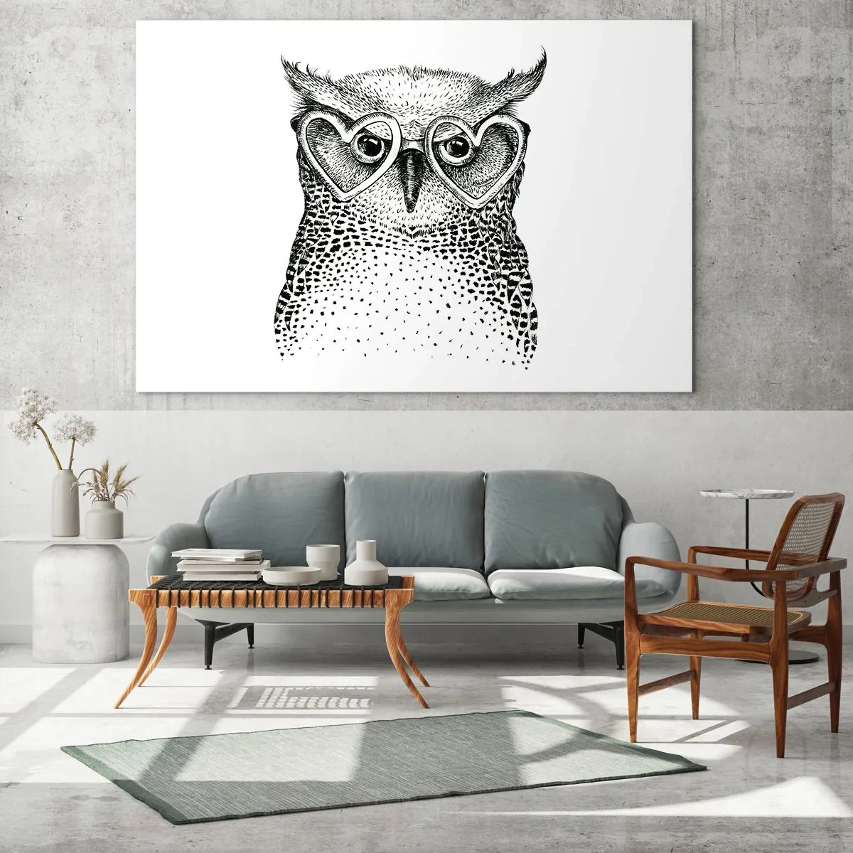 Glasbild - Bild auf glas - Abbildung einer Eule mit herzförmiger Brille - 70x50cm - Klug und mit Liebe - Moderne Wanddekoration für Wohnzimmer und Schlafzimmer ARTTOR