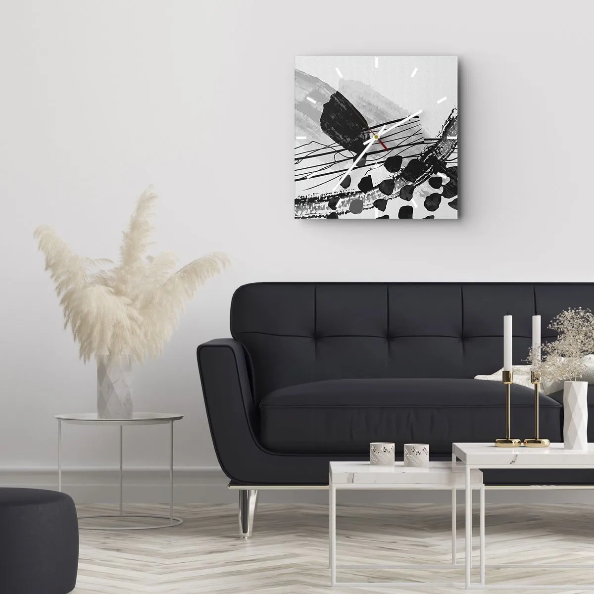 Wanduhr - Glasuhr - Schwarz-weiße abstrakte Komposition mit organischen Formen - 30x30cm - Organische Schwarz-Weiß-Abstraktion - Moderne Wanddekoration für Wohnzimmer und Schlafzimmer ARTTOR