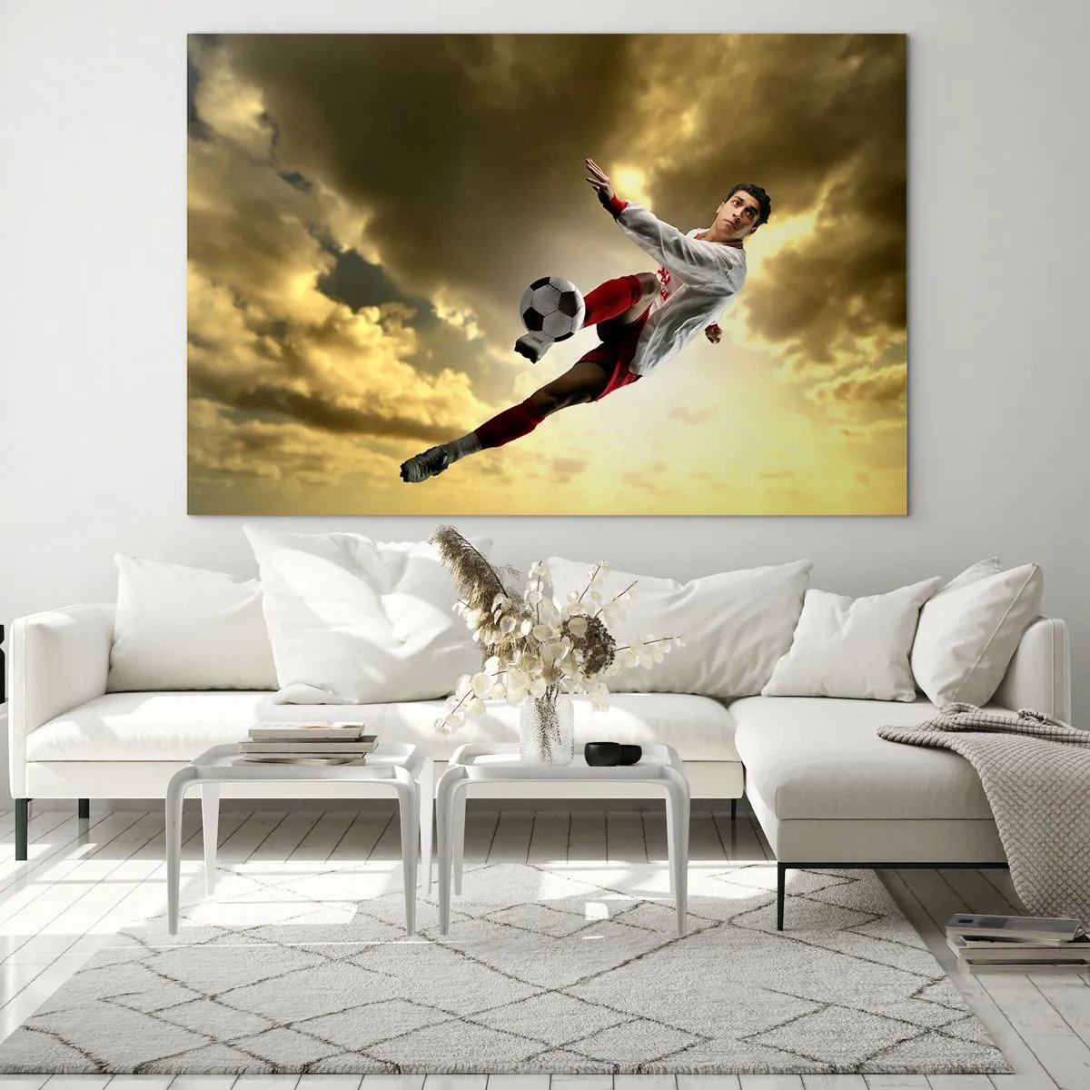 Glasbild - Bild auf glas - Ein Fußballspieler in Aktion vor einem goldenen Himmel - 120x80cm - Fußballhimmel - Moderne Wanddekoration für Wohnzimmer und Schlafzimmer ARTTOR