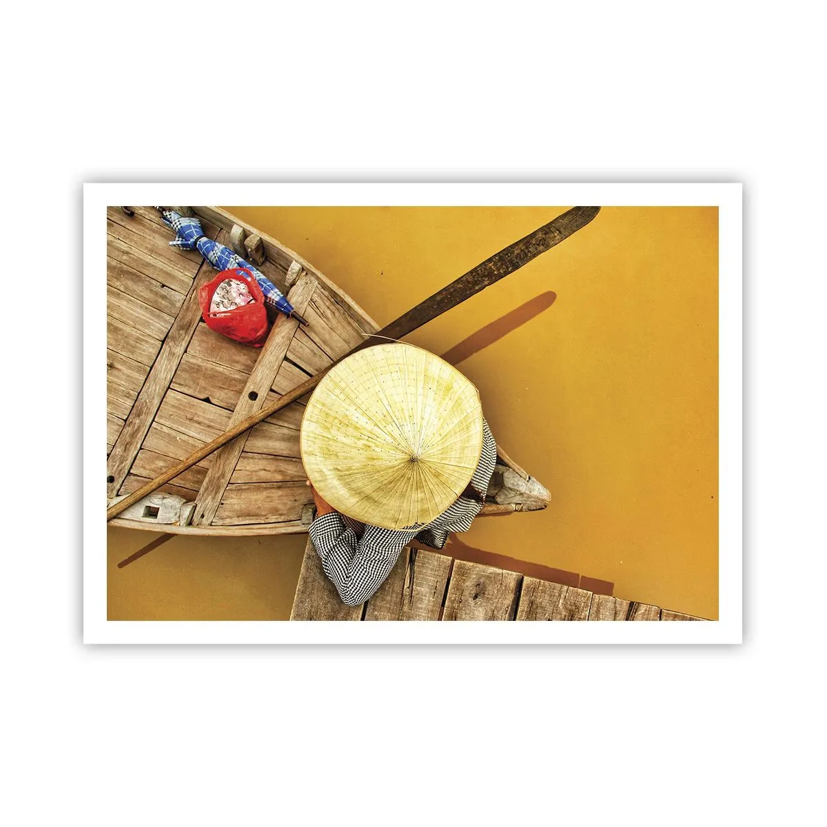 Poster - Ein traditionelles Boot aus der Vogelperspektive - 100x70cm - Leben am Gelben Fluss - Moderne Wanddekoration für Wohnzimmer und Schlafzimmer ARTTOR