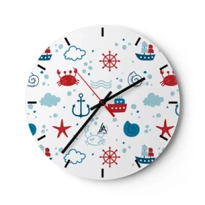 Wanduhr - Glasuhr - Nautische Motive in den Farben Weiß, Blau und Rot - 30x30cm - Märchen vom Meer - Moderne Wanddekoration für Wohnzimmer, Küche und Schlafzimmer ARTTOR