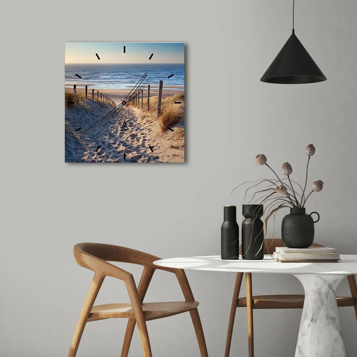 Wanduhr - Glasuhr - Weg durch die Dünen zum Strand - 30x30cm - Das Rauschen des Meeres, der Gesang der Vögel, ein wilder Strand im Gras ... - Moderne Wanddekoration für Wohnzimmer und Schlafzimmer ARTTOR