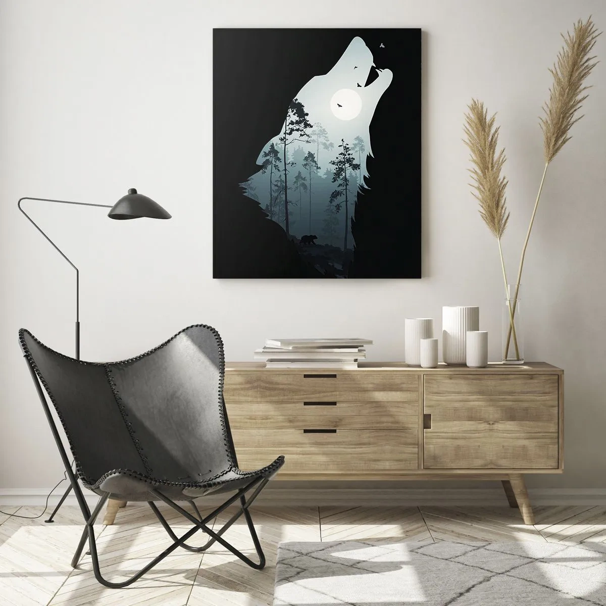 Glasbild - Bild auf glas - Silhouette eines Wolfes mit Wald und Mond im Hintergrund auf schwarzem Hintergrund - 50x70cm - Die Stimme der Waldnacht - Moderne Wanddekoration für Wohnzimmer und Schlafzimmer ARTTOR
