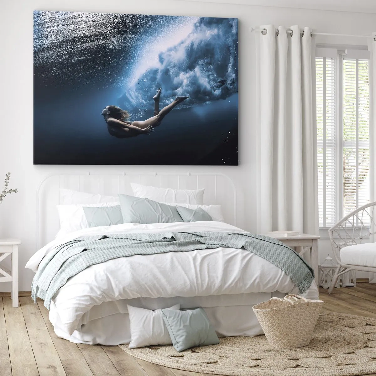 Bild auf Leinwand - Leinwandbild - Unterwasseraufnahme mit einer Frau und Luftblasen - 100x70cm - Moderne Meerjungfrau - Moderne Wanddekoration für Wohnzimmer und Schlafzimmer ARTTOR