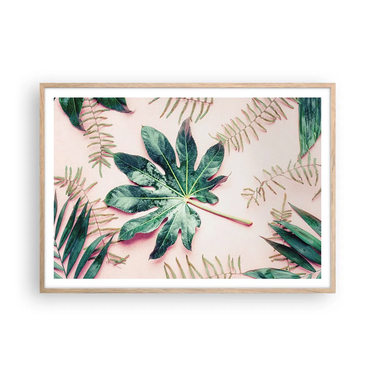 Poster in einem Rahmen aus heller Eiche - Eine Studie von Grün auf einem rosa Hintergrund - 100x70 cm