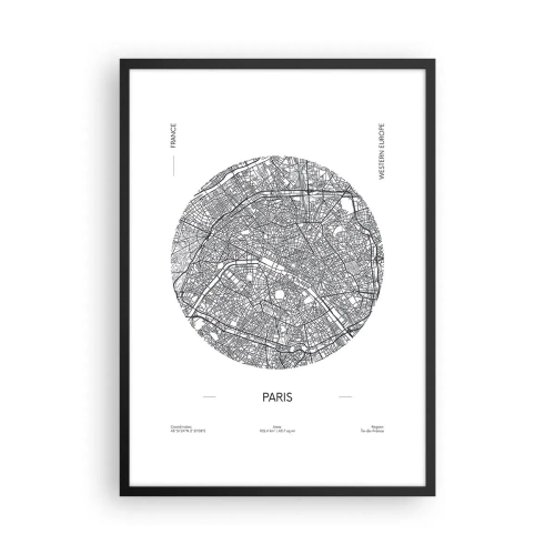 Poster in einem schwarzem Rahmen - Minimalistische Karte von Paris in einem Kreis - 50x70cm - Anatomie von Paris - Moderne Wanddekoration für Wohnzimmer und Schlafzimmer ARTTOR
