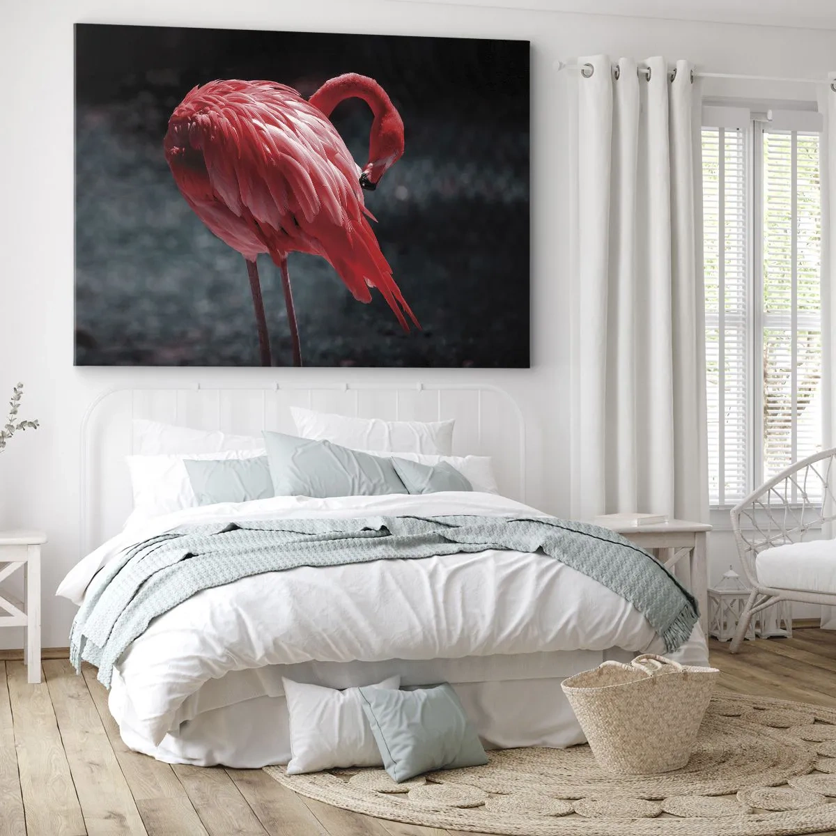 Bild auf Leinwand - Leinwandbild - Ein rosa Flamingo auf dunkelgrünem Hintergrund - 100x70cm - Ein purpurrotes Gedicht der Natur - Moderne Wanddekoration für Wohnzimmer und Schlafzimmer ARTTOR
