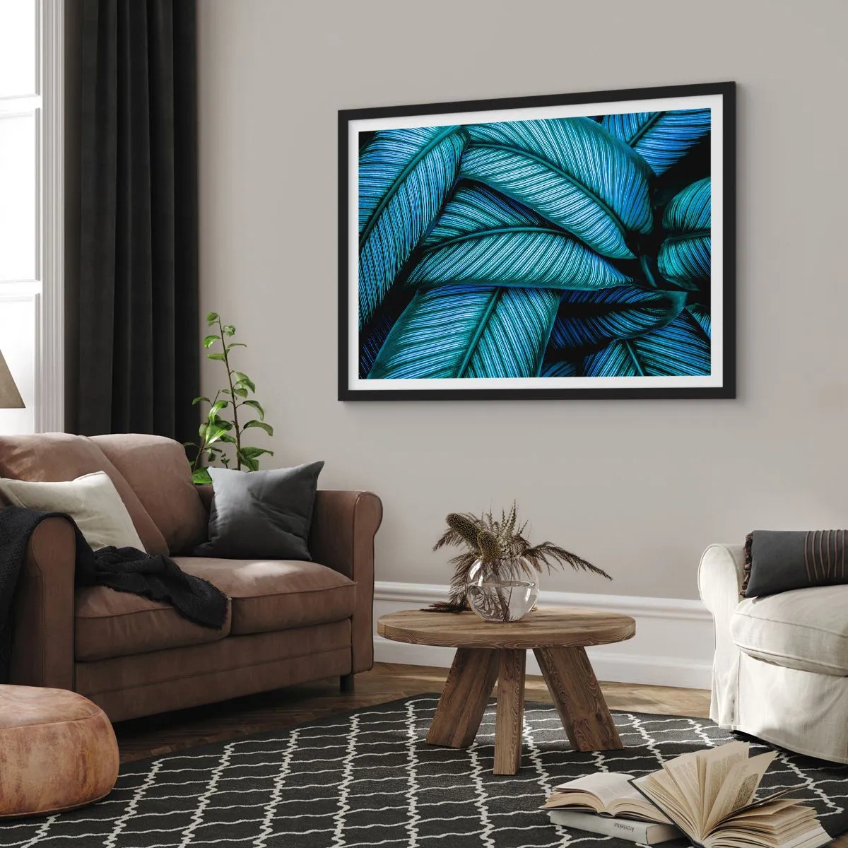 Poster in einem schwarzem Rahmen - Eine Nahaufnahme von türkisfarbenen Blättern mit lebendigen Details. - 100x70cm - Lebenslinien - Moderne Wanddekoration für Wohnzimmer und Schlafzimmer ARTTOR