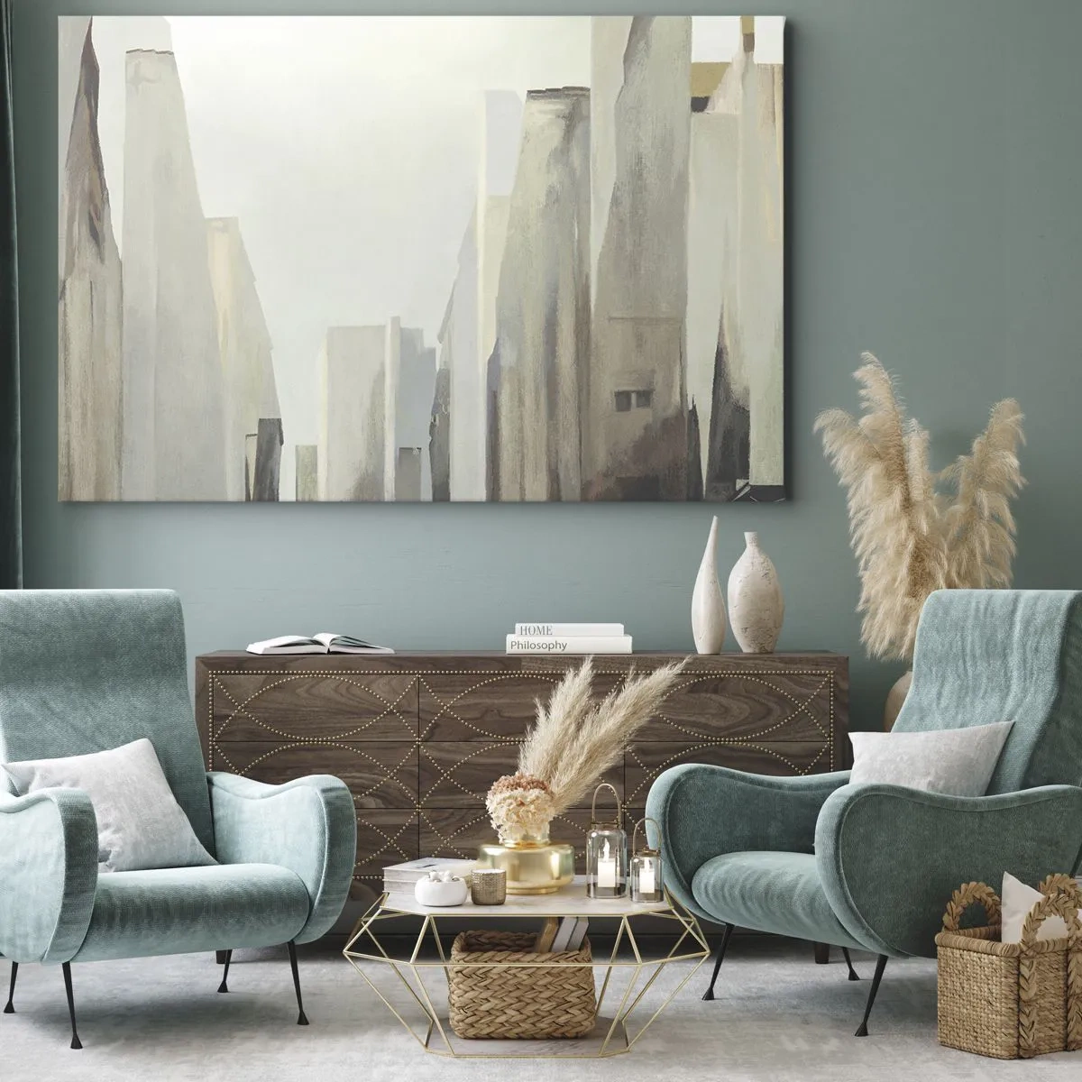 Bild auf Leinwand - Leinwandbild - Abstraktes Stadtbild in Pastelltönen - 120x80cm - Traum von der Stadt - Moderne Wanddekoration für Wohnzimmer und Schlafzimmer ARTTOR