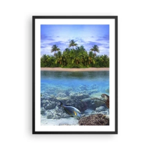 Poster in einem schwarzem Rahmen - Eine tropische Insel mit einem Korallenriff und exotischen Fischen. - 50x70cm - Heavenly Island lädt dich ein - Moderne Wanddekoration für Wohnzimmer und Schlafzimmer ARTTOR