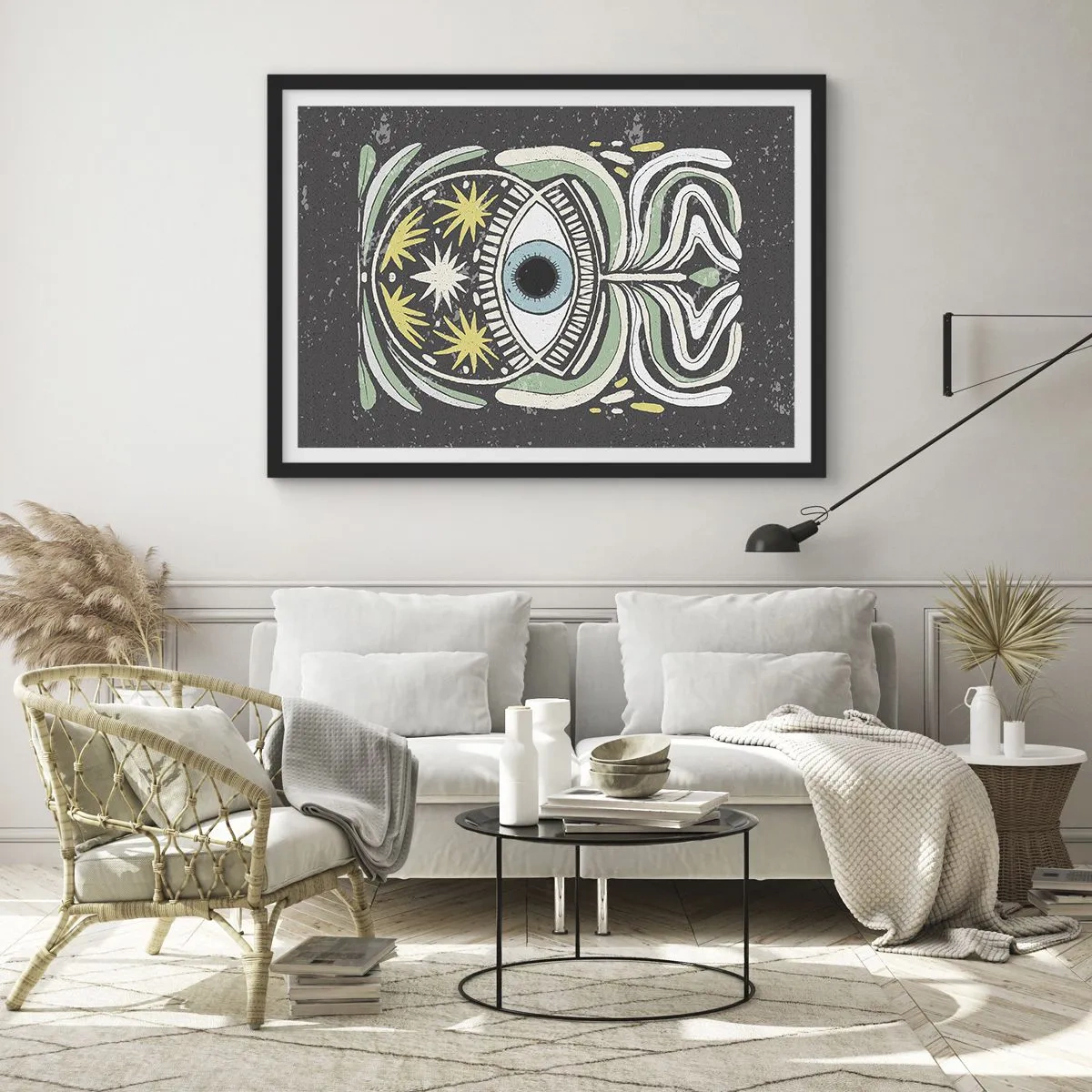 Poster in einem schwarzem Rahmen - Ein symbolisches Auge, umgeben von abstrakten Mustern - 70x50cm - Stammesrituale - Moderne Wanddekoration für Wohnzimmer und Schlafzimmer ARTTOR