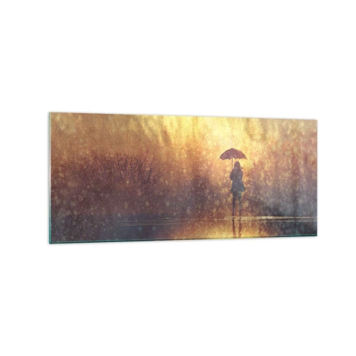 Glasbild - Bild auf glas - Eine Figur mit einem Regenschirm in einer nebligen Landschaft voller Reflexionen - 120x50cm - Ich habe das Gefühl, dass mich jemand ansieht - Moderne Wanddekoration für Wohnzimmer und Schlafzimmer ARTTOR