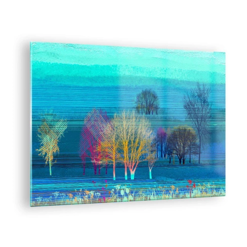 Glasbild - Bild auf glas - Eine farbenfrohe Landschaft mit Bäumen vor einem Hintergrund in Blautönen - 70x50cm - Eine gekämmte Landschaft - Moderne Wanddekoration für Wohnzimmer und Schlafzimmer ARTTOR