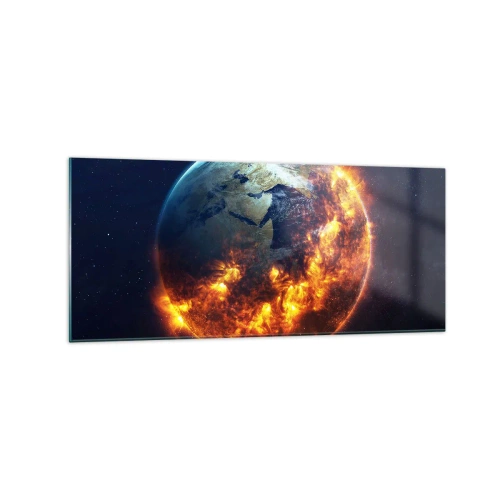 Glasbild - Bild auf glas - Der Planet Erde brennt im Weltraum - 120x50cm - Die Flamme der Apokalypse - Moderne Wanddekoration für Wohnzimmer und Schlafzimmer ARTTOR