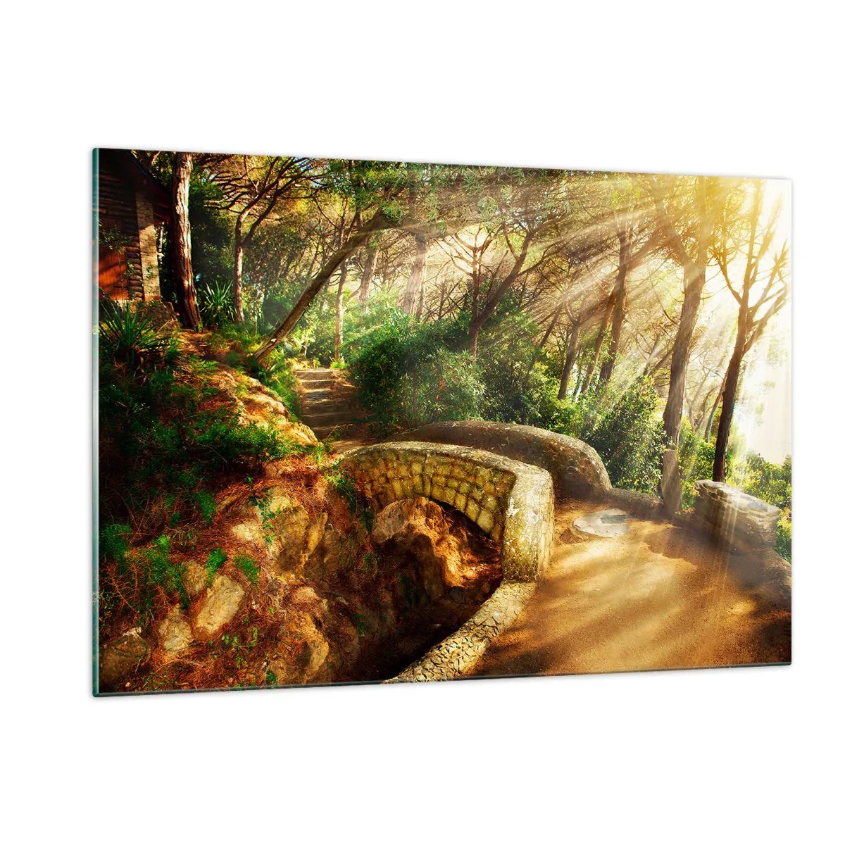 Glasbild - Bild auf glas - Sonnenstrahlen erhellen die Waldbrücke und den Waldweg - 120x80cm - Direkt von der Brücke in den Märchenwald - Moderne Wanddekoration für Wohnzimmer und Schlafzimmer ARTTOR