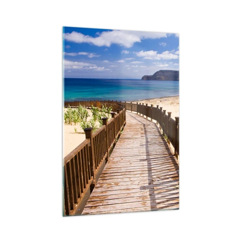 Glasbild - Bild auf glas - Holzweg zum Strand mit Meerblick - 70x100cm - Bring mich zu den glücklichen Inseln - Moderne Wanddekoration für Wohnzimmer und Schlafzimmer ARTTOR