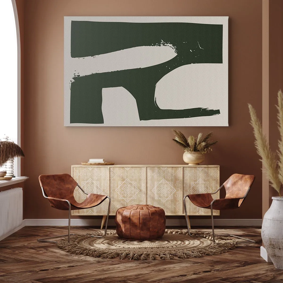 Bild auf Leinwand - Leinwandbild - Minimalistische Abstraktion in Grün auf hellem Hintergrund - 100x70cm - Weiße Buchten - Moderne Wanddekoration für Wohnzimmer und Schlafzimmer ARTTOR