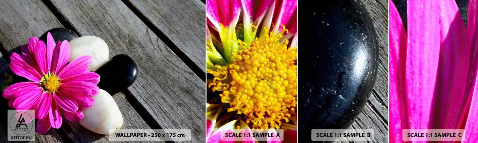 Fototapetenmuster Standard Eco - Ruhe auf dem Pier - Blume, Steine, Holzbrücke - 100x30 cm