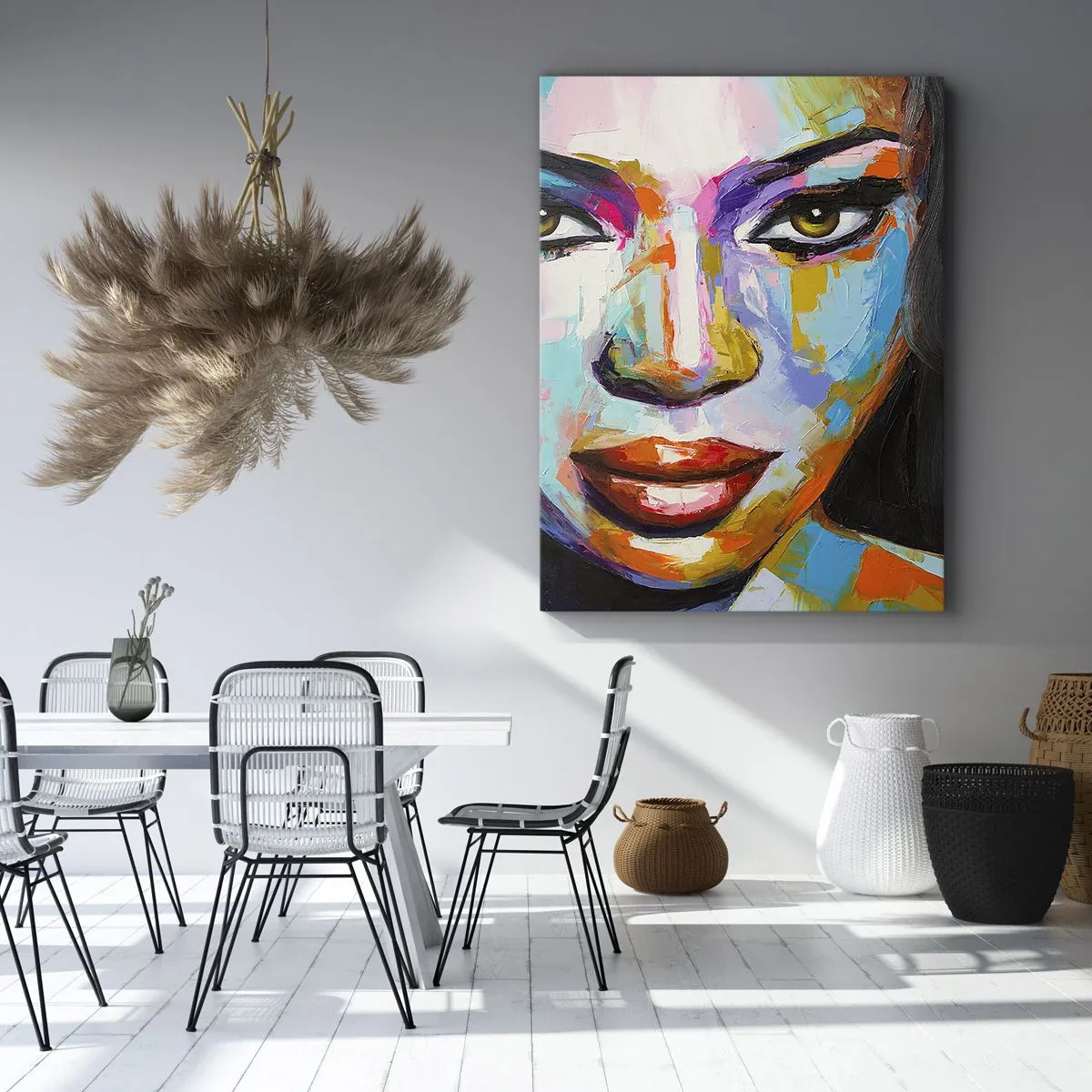 Bild auf Leinwand - Leinwandbild - Ein farbenfrohes Porträt einer Frau mit intensivem Blick - 70x100cm - Es ist unmöglich die Augen abzuwenden - Moderne Wanddekoration für Wohnzimmer und Schlafzimmer ARTTOR