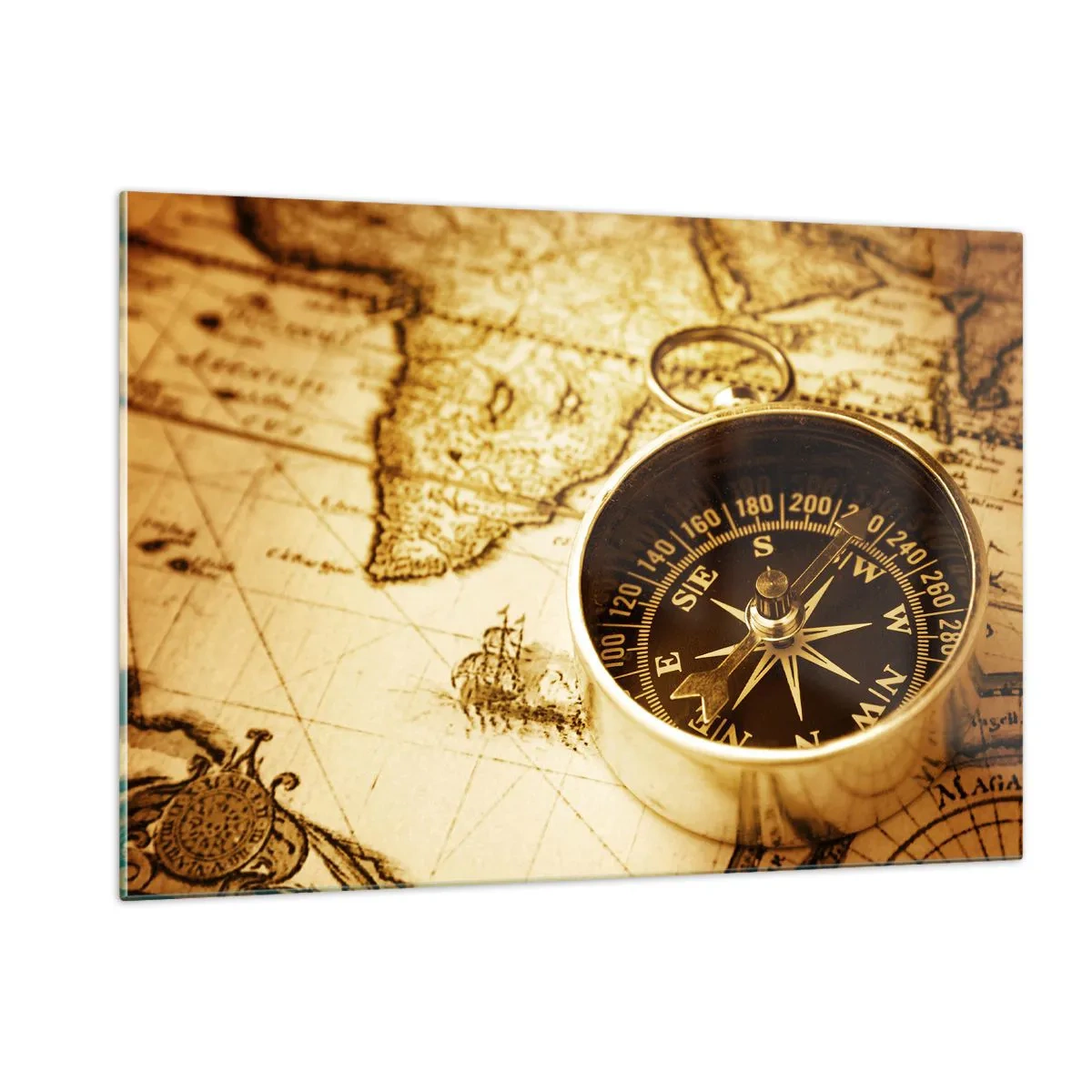 Glasbild - Bild auf glas - Ein goldener Kompass auf einem alten Kartenhintergrund - 120x80cm - Ost oder West? - Moderne Wanddekoration für Wohnzimmer und Schlafzimmer ARTTOR