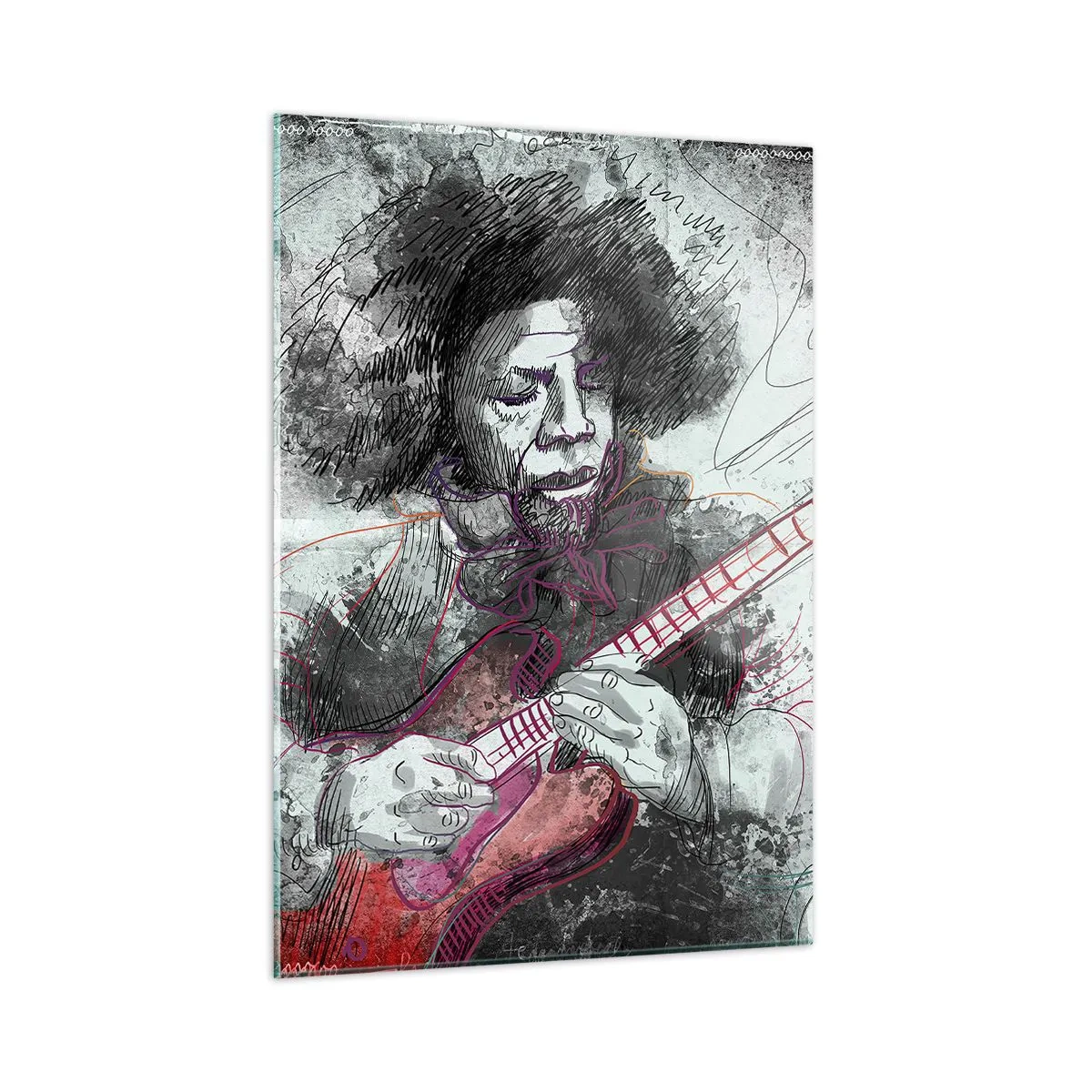 Glasbild - Bild auf glas - Künstlerisches Portrait eines Musikers mit E-Gitarre - 50x70cm - Auf den Wellen der Musik - Moderne Wanddekoration für Wohnzimmer und Schlafzimmer ARTTOR