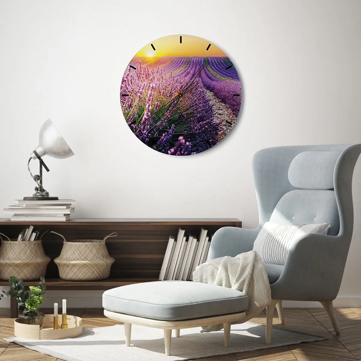 Wanduhr - Glasuhr - Lavendelfeld bei Sonnenuntergang mit einem steinigen Pfad - 30x30cm - Duftende Kornfelder - Moderne Wanddekoration für Wohnzimmer, Küche und Schlafzimmer ARTTOR