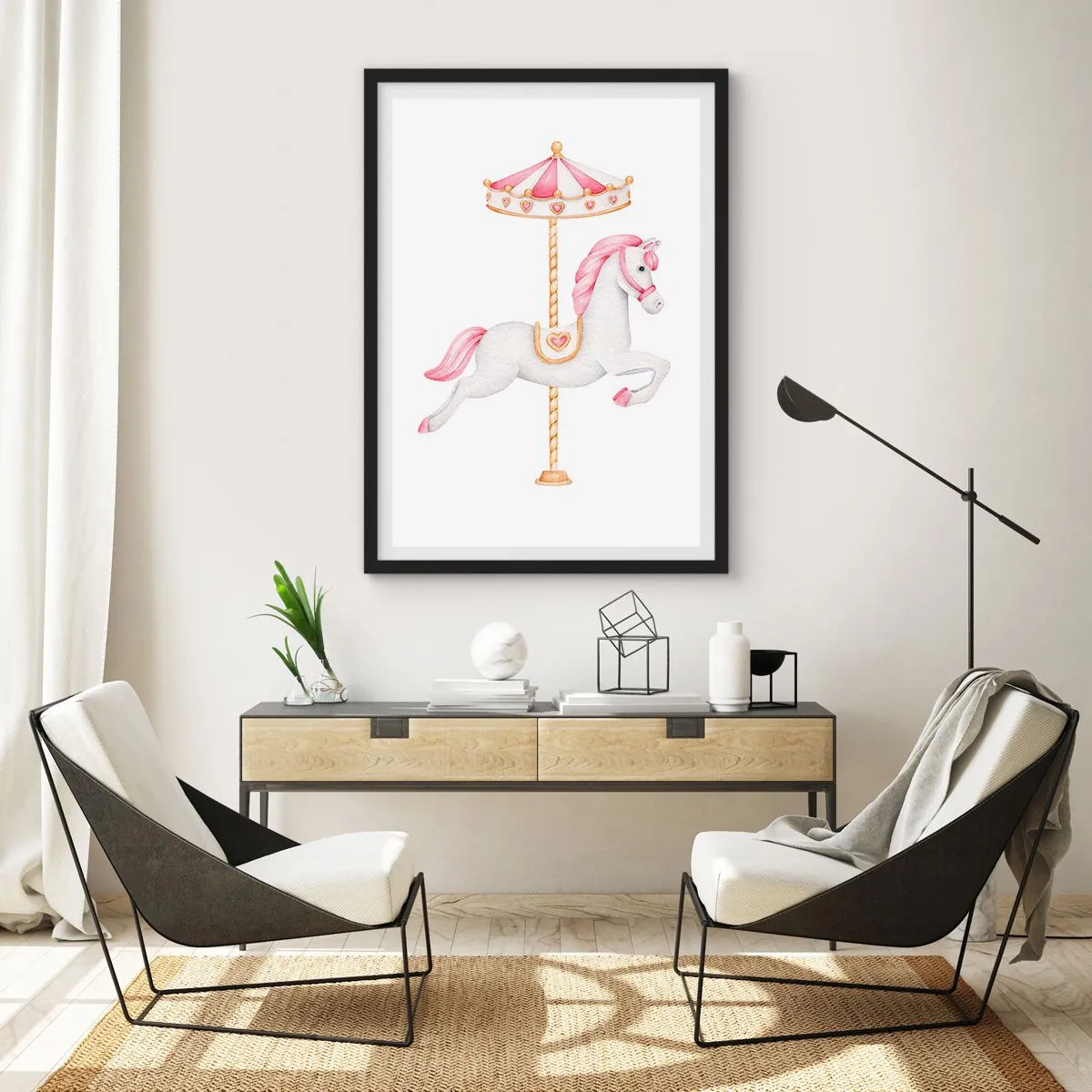 Poster in einem schwarzem Rahmen - Ein charmantes weißes Pferd auf einem Karussell in Pastellfarben - 50x70cm - Er legte los - Moderne Wanddekoration für Wohnzimmer und Schlafzimmer ARTTOR