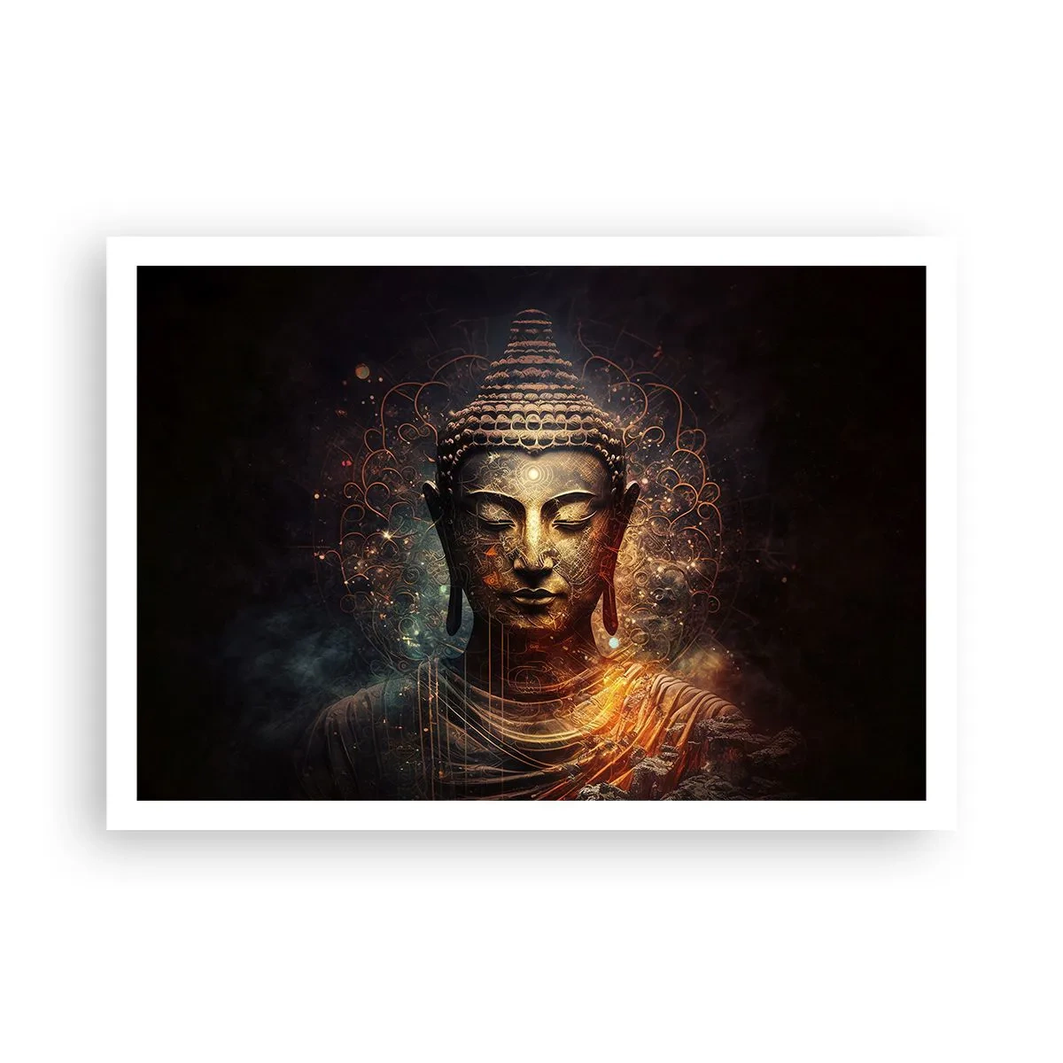 Poster - Goldener Buddha auf dunklem Hintergrund mit Ornamenten - 100x70cm - Spirituelles Gleichgewicht - Moderne Wanddekoration für Wohnzimmer und Schlafzimmer ARTTOR