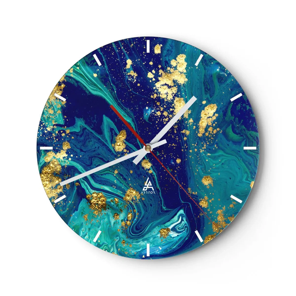 Wanduhr - Glasuhr - Goldflocken auf abstraktem blau-türkisem Hintergrund - 30x30cm - Die Blütenblätter der Sonne - Moderne Wanddekoration für Wohnzimmer, Küche und Schlafzimmer ARTTOR