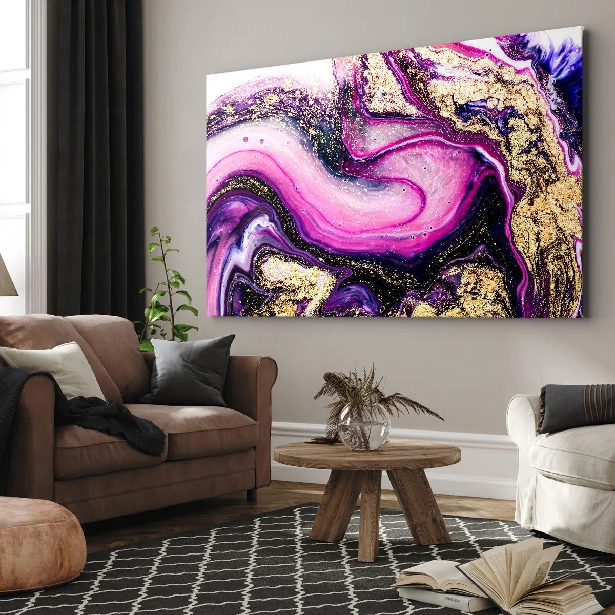Bild auf Leinwand - Leinwandbild - Abstrakte Wellen in Lila- und Goldtönen - 70x50cm - Ein Moment hinter den Kulissen - Moderne Wanddekoration für Wohnzimmer und Schlafzimmer ARTTOR