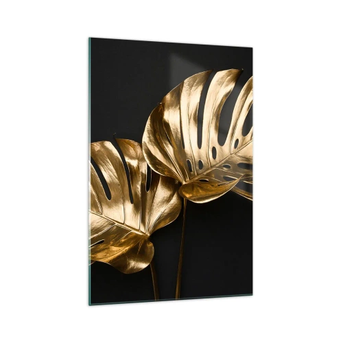 Glasbild - Bild auf glas - Goldene Monstera-Blätter auf schwarzem Hintergrund - 70x100cm - Die Schätze der Natur - Moderne Wanddekoration für Wohnzimmer und Schlafzimmer ARTTOR